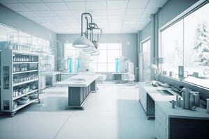 Modern Medical Research Laboratory Microscope, Glassware with Biochemicals on the Desk. Scientific Lab Biotechnology Development Center Full of High-Tech Equipment. photo