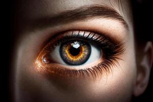 macro imagen de humano mujer ojo marrón cerca arriba. generativo ai foto