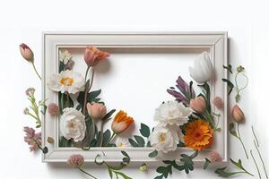 Summer herbal banner, greeting card, invitation. Herbs, leaves and flowers with wooden frame on a white background with place for text. Generative ai photo