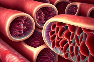 Cross striation of striated fibers of skeletal muscles cells. 3d render. photo