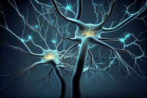 Neurons cells close up 3d render. Synapses and axones transmitting electrical signals. photo