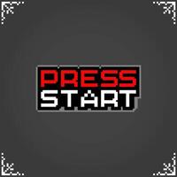 Press start icons in 8 bit pixel art. Show fonts for retro games in vector illustrations.