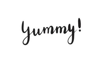 Yummy word. Printable graphic. Design doodle for print. Vector illustration.Cartoon hand drawn calligraphy style.