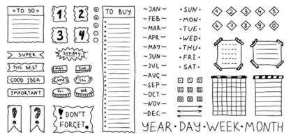 Doodle black bullet journal. Hand drawn elements, numbers, month names and days of the week, stickers, planner labels. Sketch scribble style. Vector illustration for diary, planner, notebook