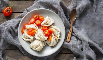 A plate of traditional russian dumplings with tomato on rustic wooden background . Illustration AI Generative photo