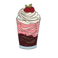 Milk cocktail with chocolate and strawberry in cartoon style. Isolated on white background. Milkshake with whipped cream. Vector illustration.