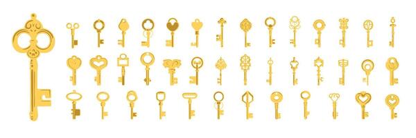 Large collection of golden vintage keys. Keys icons set, isolated. Gold keys signs and symbols collection. Icon, pictogram, vector illustration.