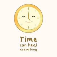 Gold clock cartoon is smiling with time can heal everything word for quote, element vector