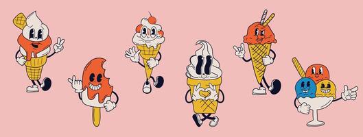 Set of cartoon ice creams figure exuding joy and cheerfulness, reminiscent of classic animations from the 60s and 70s vector