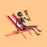 Funny Skeleton sitting on a deck chair with an ice cream. Cute character Skeleton Bones vector