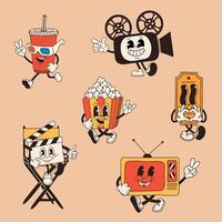 Cartoon cinema set, figure, reminiscent of classic animations from the 60s and 70s, featuring amusing characters. vector