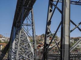 Porto, Portugal an Unusual view of Luis I Bridge over Douro River photo