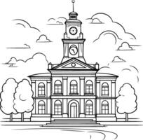 School building in the city. Black and white illustration for coloring book. vector