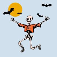 un dibujos animados esqueleto saltando en el aire con murciélagos volador alrededor él vector