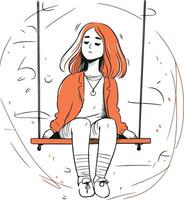 Beautiful girl sitting on swing in sketch style. vector