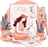 Beautiful young woman drawing in her living room. vector