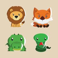 Cute illustrations Wild Animals Lion, Fox, Crocodile, and snake vector