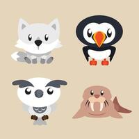 Cute illustration of Antartic Animals White Foxes, Puffins, White Owls, and Walrus vector