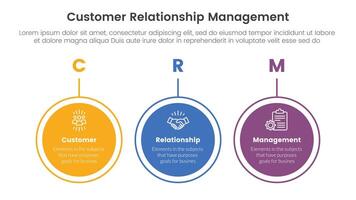 crm cliente relación administración infografía 3 punto etapa modelo con grande circulo contorno horizontal para diapositiva presentación vector