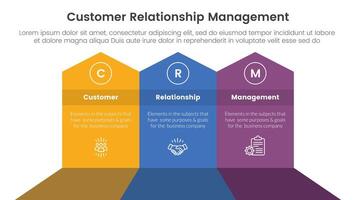 CRM customer relationship management infographic 3 point stage template with big shape arrow header top direction for slide presentation vector