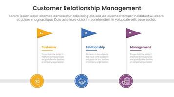 CRM customer relationship management infographic 3 point stage template with timeline flag horizontal for slide presentation vector