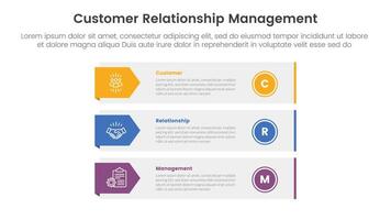 CRM customer relationship management infographic 3 point stage template with big rectangle stack with arrow badge on side for slide presentation vector