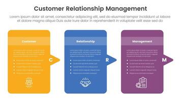 CRM customer relationship management infographic 3 point stage template with table box tall with arrow sharp right direction for slide presentation vector