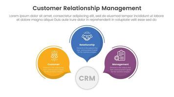 CRM customer relationship management infographic 3 point stage template with circle callout comment shape for slide presentation vector