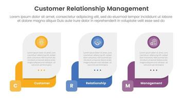 CRM customer relationship management infographic 3 point stage template with creative box shape horizontal with circle badge header for slide presentation vector