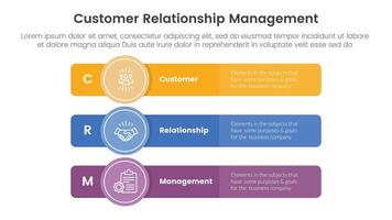 CRM customer relationship management infographic 3 point stage template with long rectangle box with circle badge for slide presentation vector