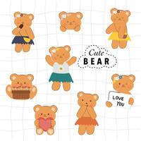 Set of hand drawn cute cartoon bear character showing various emotions. Bear sticker set. vector