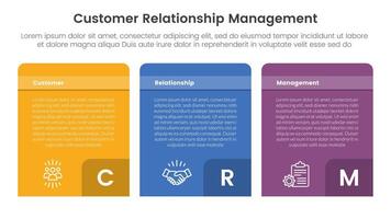 CRM customer relationship management infographic 3 point stage template with table box with round header and footer square badge for slide presentation vector