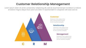 CRM customer relationship management infographic 3 point stage template with pyramid shape increase size right direction for slide presentation vector