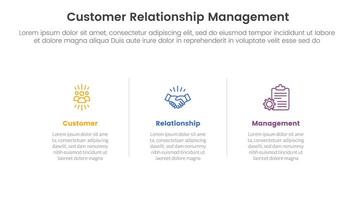 CRM customer relationship management infographic 3 point stage template with horizontal clean information with line divider for slide presentation vector