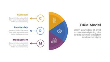 CRM customer relationship management infographic 3 point stage template with vertical half circle with outline circle and arrow for slide presentation vector