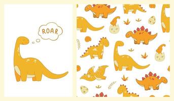 Nursery dino collection. Dinosaurs seamless pattern with print for kids apparel decor, nursery textile prints, posters, stickers, cards. EPS 10 vector