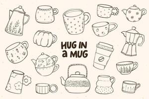 Hand drawn cups, mugs and kettles collection for prints, cards, posters, stickers, menu, scrapbooking, sublimation, etc. EPS 10 vector