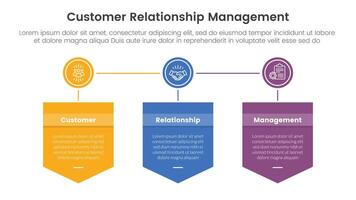 CRM customer relationship management infographic 3 point stage template with badge box shield and circle connected for slide presentation vector