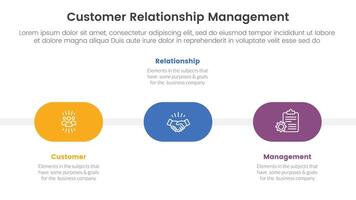 CRM customer relationship management infographic 3 point stage template with round shape timeline horizontal for slide presentation vector