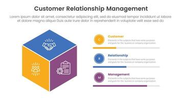 CRM customer relationship management infographic 3 point stage template with 3d box shape for slide presentation vector