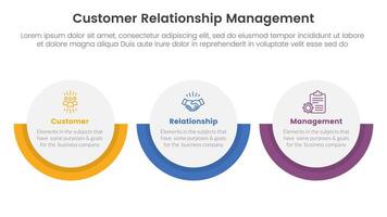 CRM customer relationship management infographic 3 point stage template with big circle horizontal layout for slide presentation vector