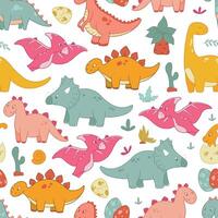 dino sin costura modelo para guardería decoración, bebé textil huellas dactilares con linda mano dibujado dinosaurios y plantas. bueno para fondo de pantalla, álbum de recortes, envase papel, etc. eps 10 vector