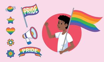 Young Man Celebrating with Pride Flag and Symbols vector