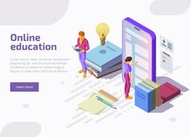 Flat isometric illustration of online education. Student characters studying training or courses at smartphone, reading books. University studies concept. Landing page template, 3d web banner. vector