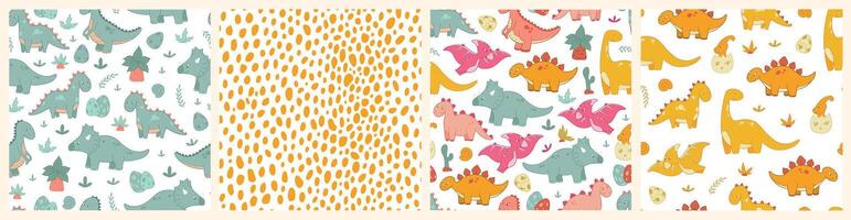 Dinosaurs seamless patterns collection with cute hand drawn elements for nursery textile prints, scrapbooking, wallpaper, wrappoing paper, etc. EPS 10 vector