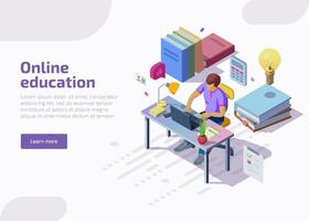 Isometric online distance education, training, courses. Student character sitting at desk, studying at computer, writing university exam, learning homework. Landing page template, 3d web banner vector