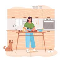 Young woman preparing healthy food, slicing veggies on the table. Happy girl preparing vegetable salad on kitchen at home for breakfast or lunch. Vegetarian cuisine. Flat cartoon illustration. vector