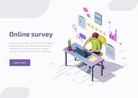 Landing page of online survey with isometric characters. Man filling questionnaire form, star rating, check mark on list on laptop. Feedback service internet technology, customer satisfaction concept. vector