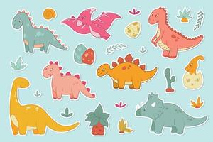 Dinosaurs stickers, clip art, cartoon elements for nursery decor, apparel prints, stationary, cards, posters, baby shower invitations, etc. EPS 10 vector