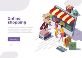 en línea compras isométrica aterrizaje página, clientes adquisitivo en digital almacenar. mujer escoger bienes a enorme computadora con Internet mercado plataforma. comprador utilizar tienda aplicación en computadora. 3d web bandera. vector